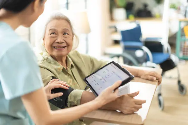Healthcare professional using AI-powered tablet technology during patient consultation